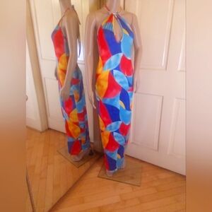Multi Color Halterneck Maxi Sundress/ SZ S/ Red/ Blue and Yellow